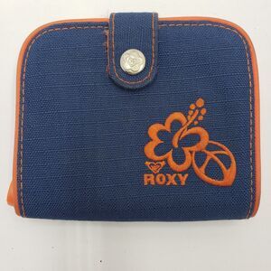 Vintage Roxy Wallet Navy Blue Orange Canvas Hibiscus Surf Y2K Bifold Zipper